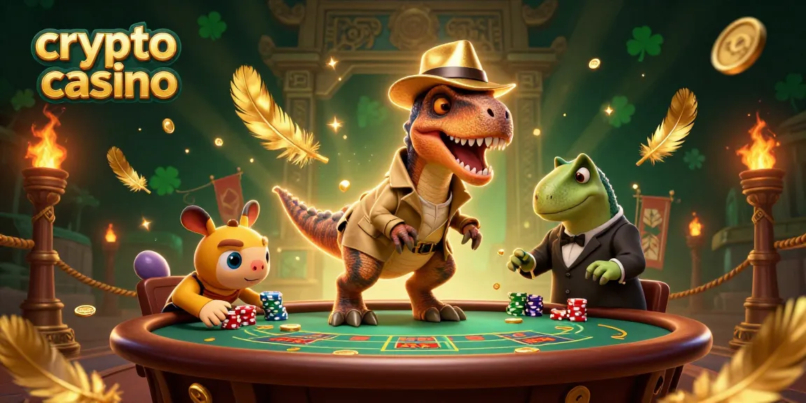 Gioca nel crypto casino con un velociraptor mentre un pit boss sorveglia e un compy ruba fiches.