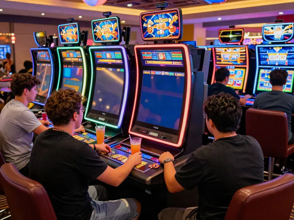 Players enjoying various slot machines in a vibrant online casino atmosphere.