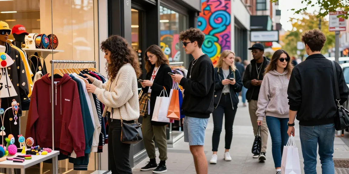 Friends exploring Voghion fashion trends in an urban shopping scene.