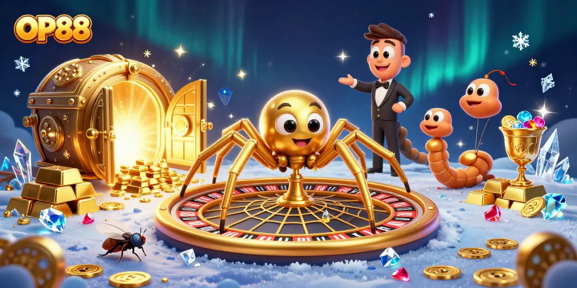 OP88 spider spins roulette web while placing bets in a vibrant casino scene