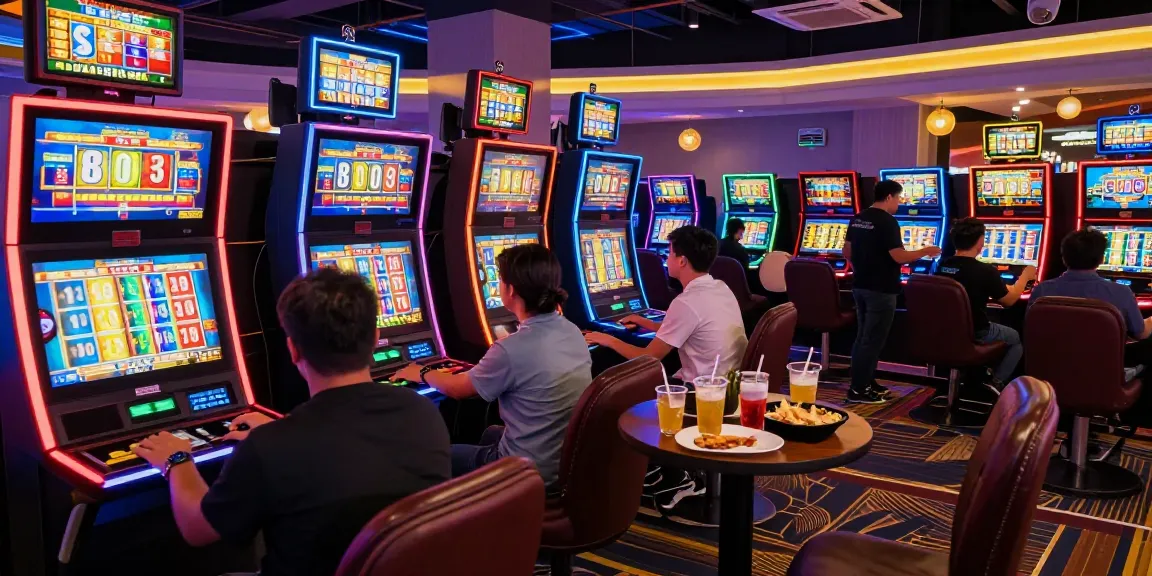 Players enjoying an exciting slot 5k tournament in a colorful gaming lounge.