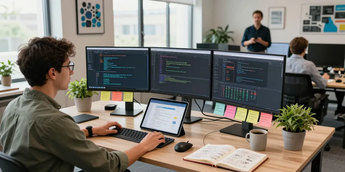 Developer utilizing openclaw skills in an innovative tech workspace with monitors and collaboration elements.