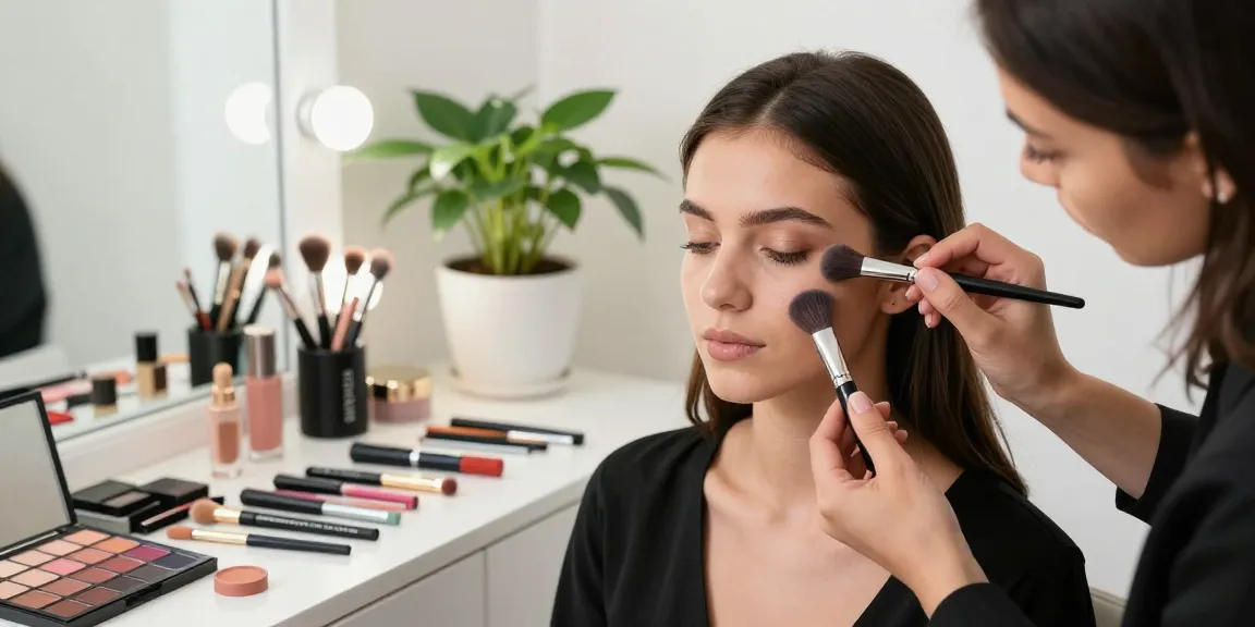 Angled concealer brush in use for flawless makeup application with Skone Cosmetics.