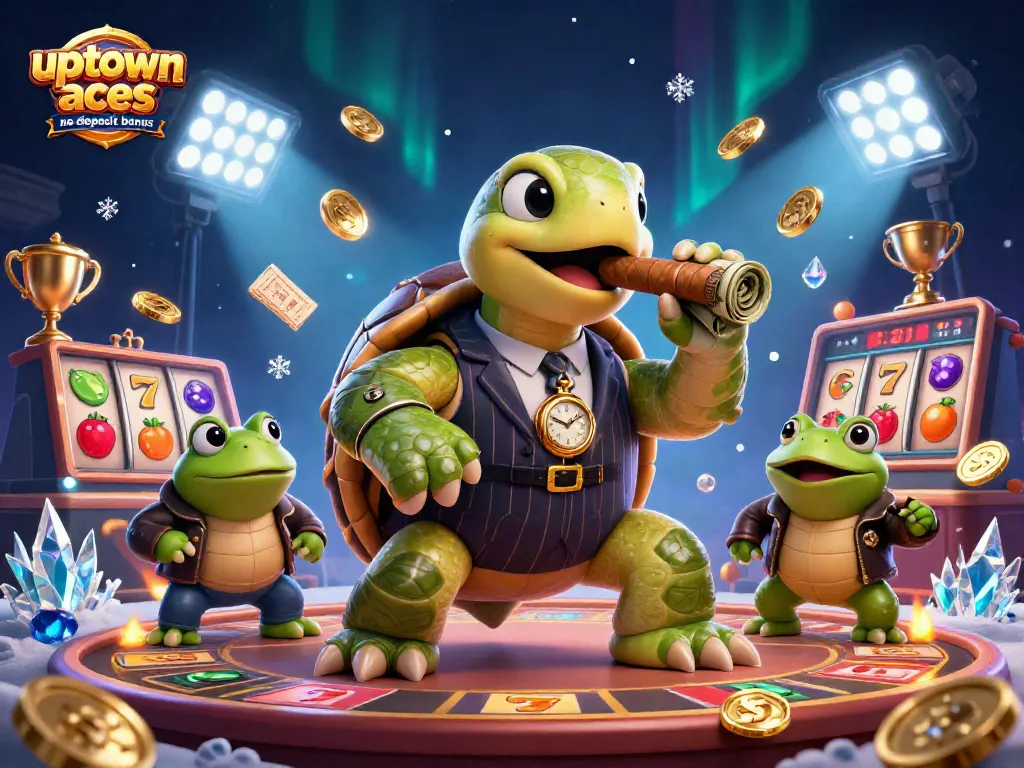 Claim your uptown aces no deposit bonus with our playful illustrated casino scene, combining lucky symbols and rich colors.