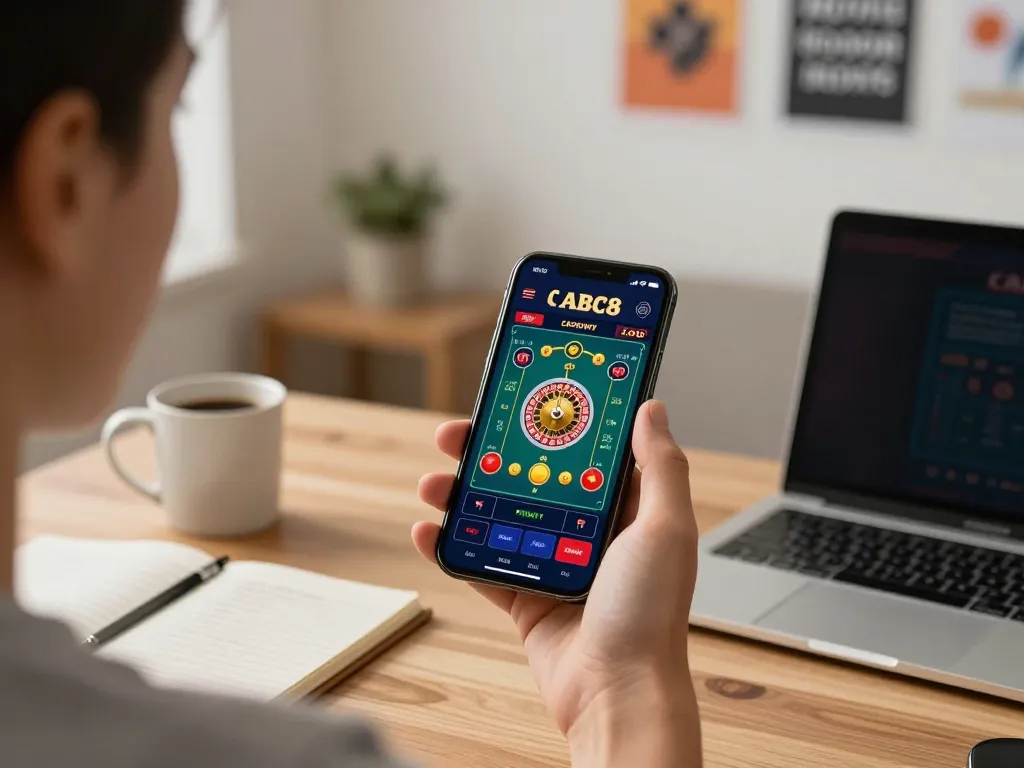 Experience live gaming action with the ABC8 app on a smartphone while tracking strategies in a stylish home office.
