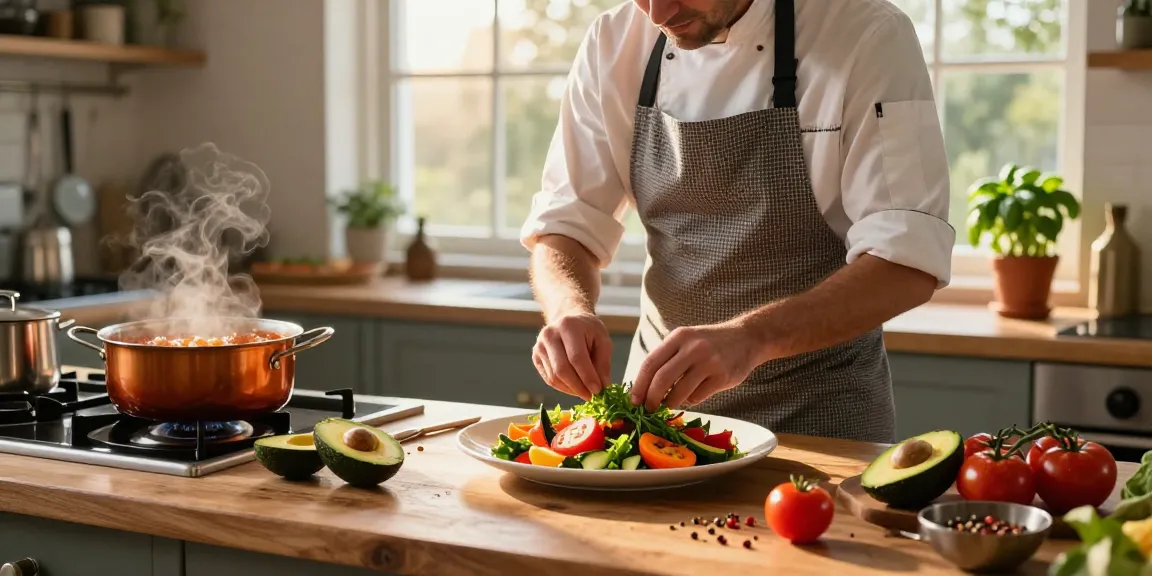 Chef at https://cuisines-a-flo.com/ garnishing a fresh vegetable platter in a sunlit kitchen.