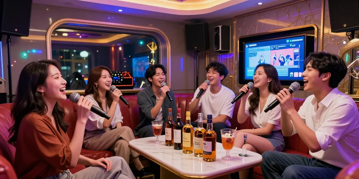 강남 가라오케에서 친구들과 함께 즐거운 노래와 술자리를 갖는 화려한 풍경