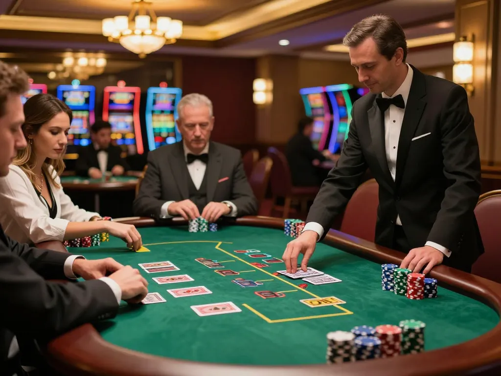 Players in stylish attire place bets at a blackjack table while enjoying luxury gaming at Thabet casino.