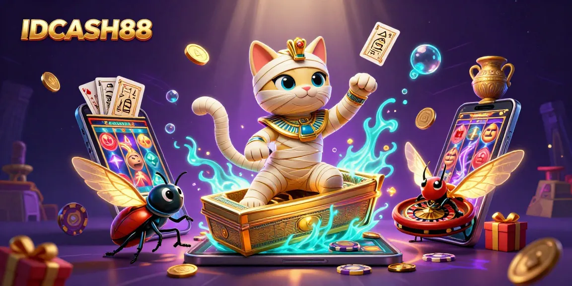 Engage with IDCASH88's thrilling gaming experience featuring a mummy cat and golden scarab in a vibrant casino scene.