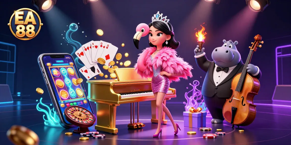 Experience vibrant entertainment at EA 88 with a dynamic casino scene of a singing flamingo and hippo bassist.