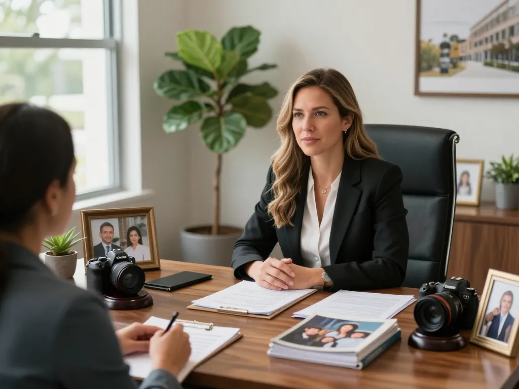 Palm Harbor Divorce Lawyer Shelly Beach consulting with clients in a professional law office.