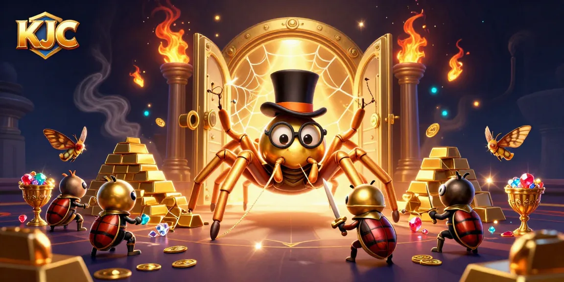KJC offers a thrilling gaming experience, featuring a golden tarantula and a knight in an enchanting casino scene.