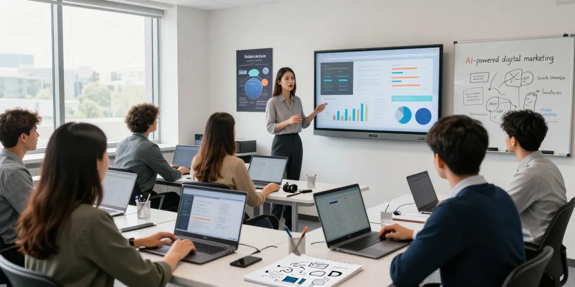 Students learning AI-powered digital marketing strategies in a modern classroom.