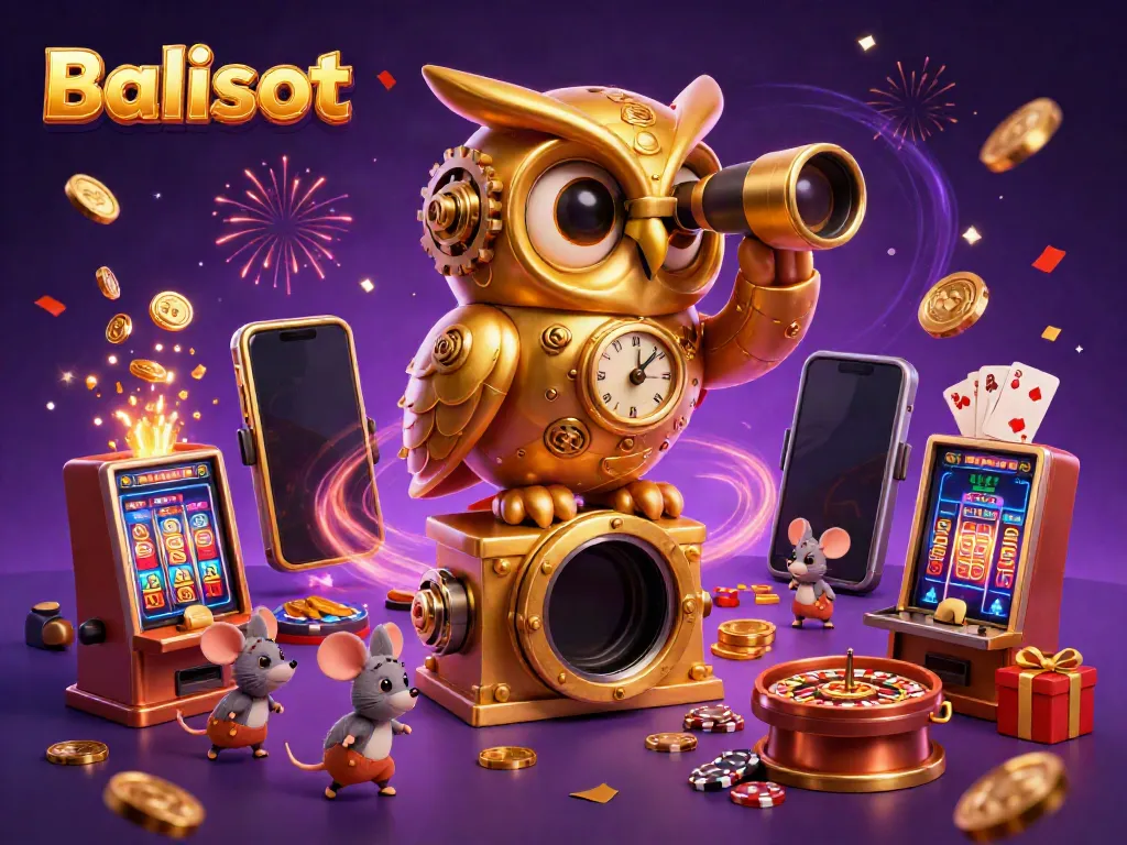 Balislot casino scene with a golden owl, animated slot machines, and celebratory effects.