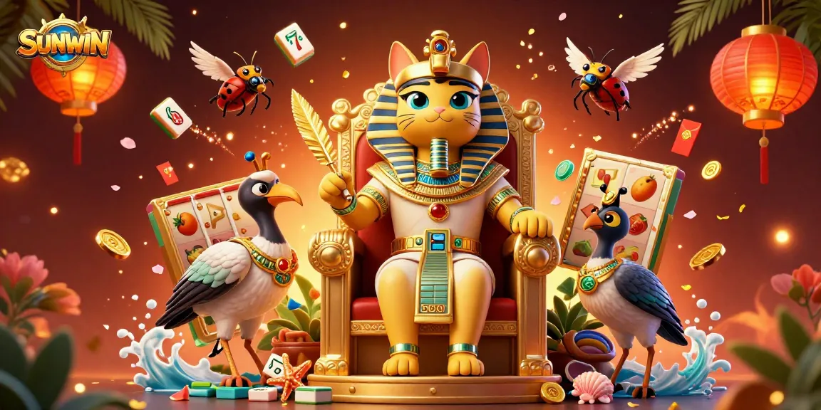 SUNWIN brings the festive casino vibe with a cartoon pharaoh cat and colorful slot elements.
