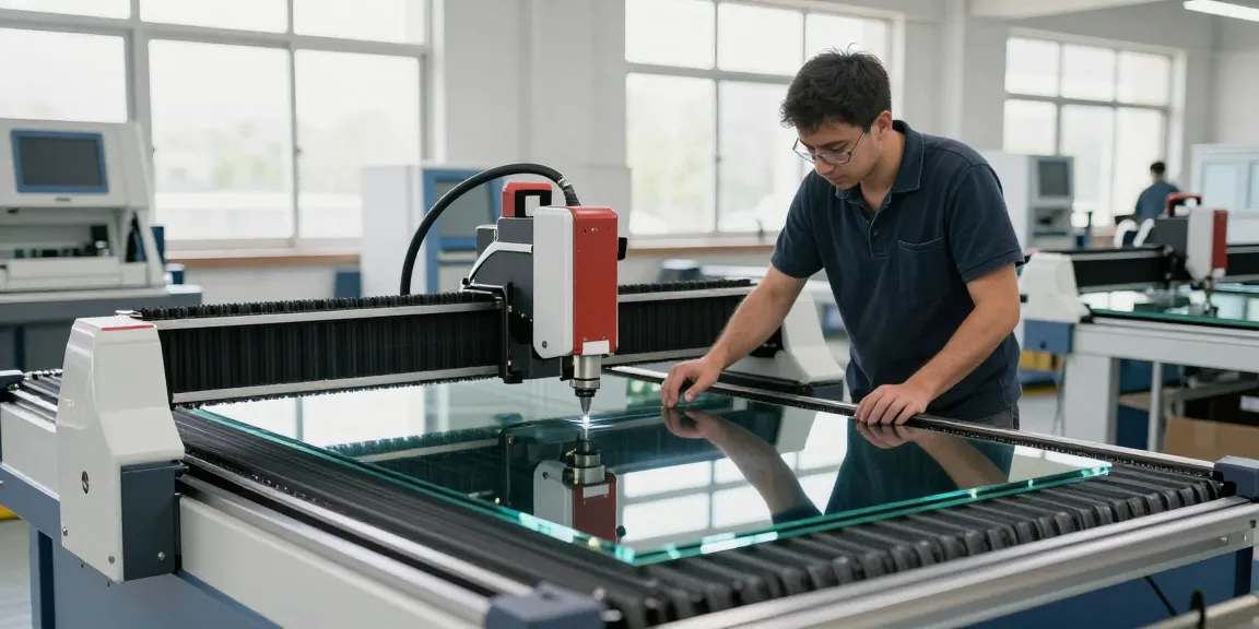 Technician using a glass cutting table in a modern glass processing workshop