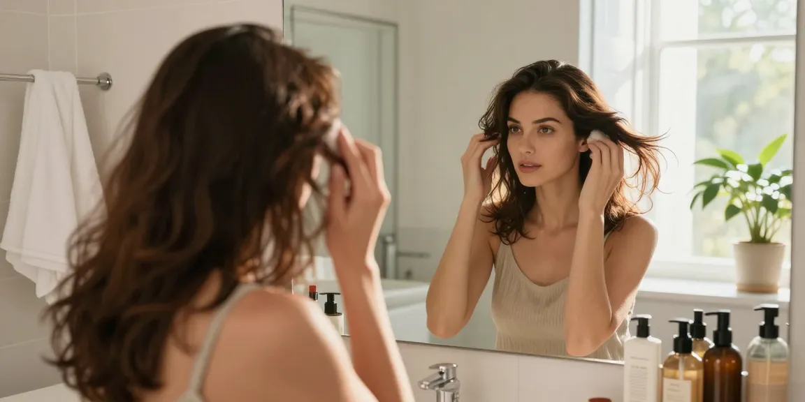 Applying بودرة تكثيف الشعر for a voluminous hair look in a bright bathroom.