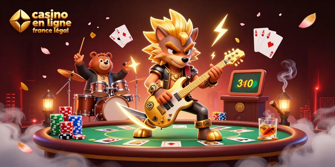 Jouer au casino en ligne légal en France avec un loup rockstar et un ours batteur sur scène, riche en détails.
