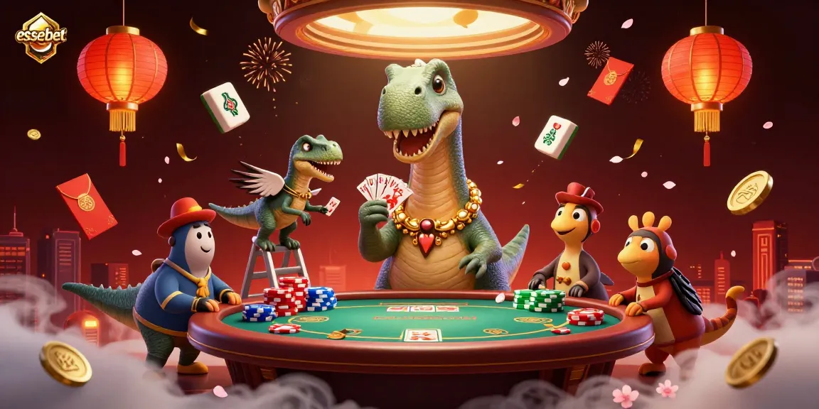 Engage with essebet's exciting poker scene featuring dinosaurs and animated game elements.
