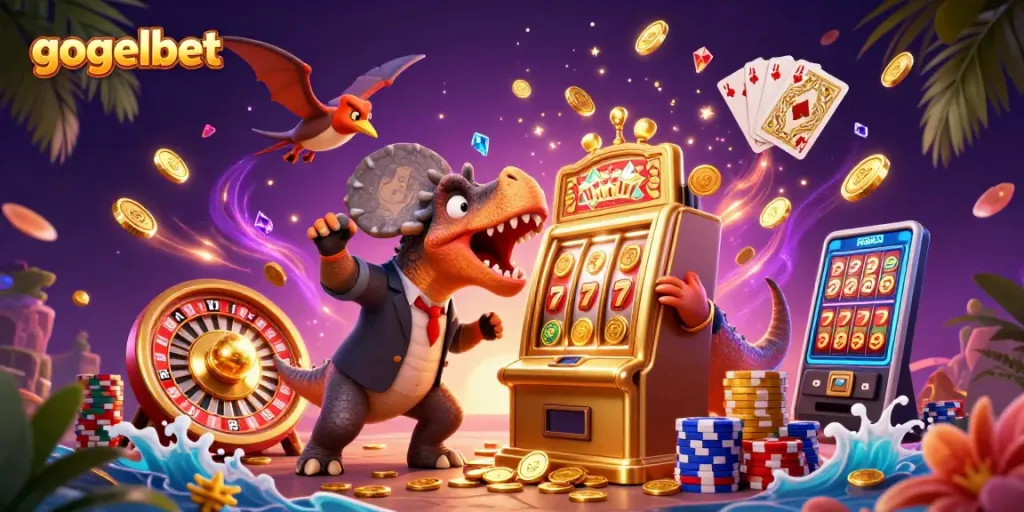 Gogelbet menghadirkan aksi perjudian dengan dinosaurus yang menghempaskan mesin slot emas dan menggapai koin emas