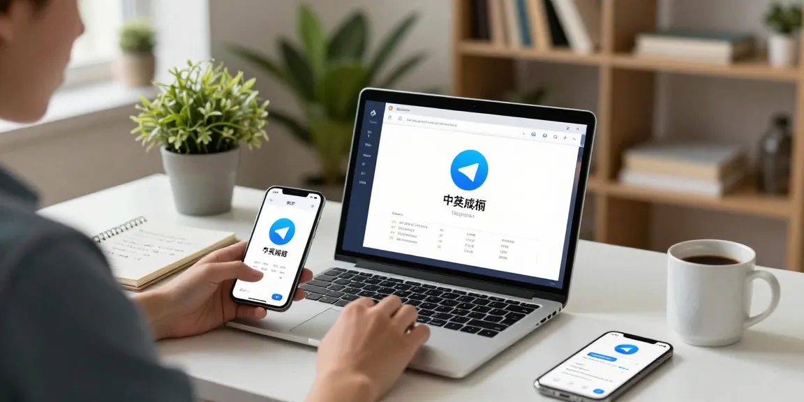 Setting up Telegram Chinese in a modern workspace with a laptop and plants.
