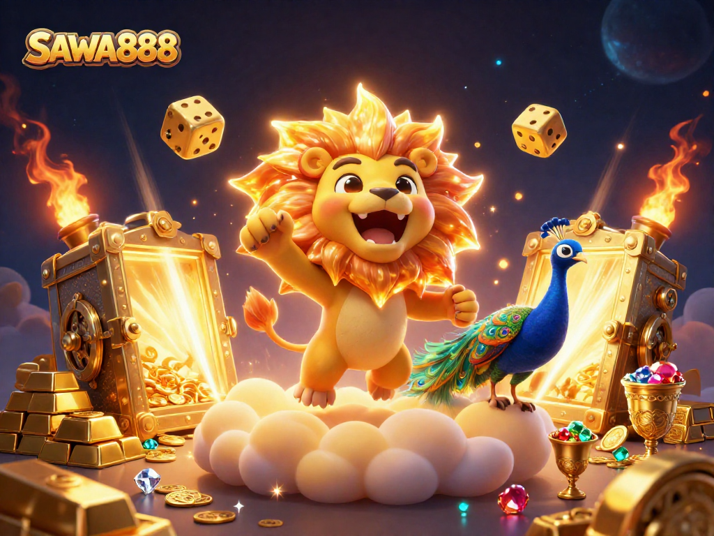 Experience excitement at SAWA888 with a roaring sun lion, golden dice, and shimmering riches.