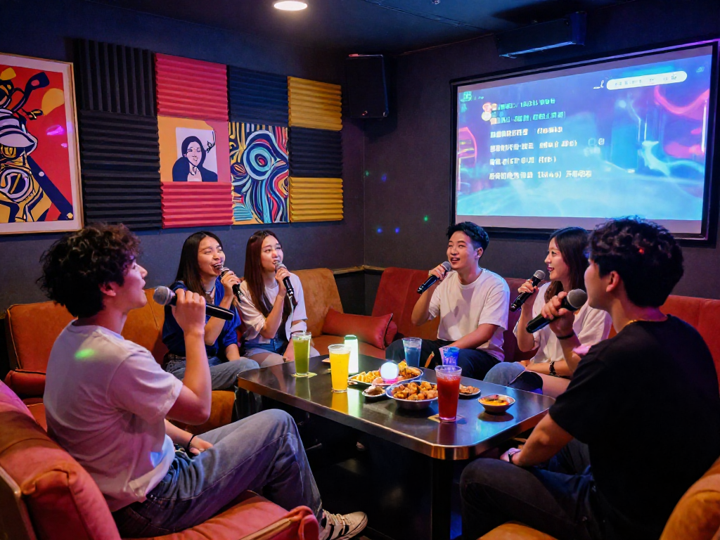 강남 유앤미 프라이빗 룸에서 친구들과 함께 노래를 부르는 즐거운 모습