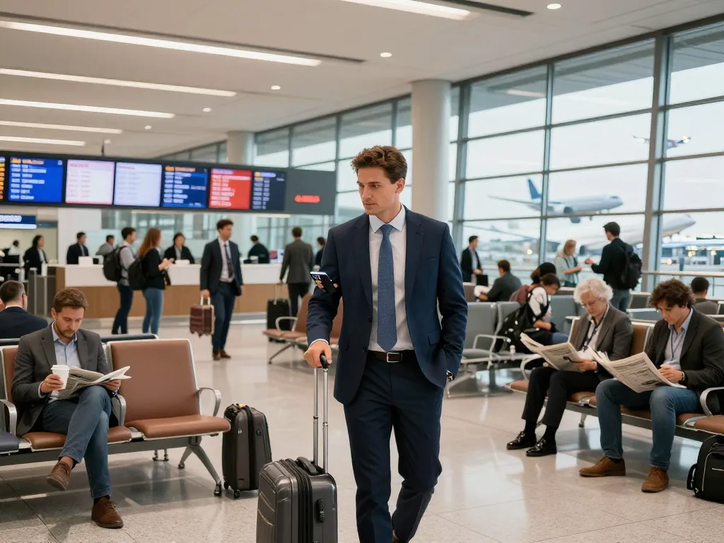 Business traveler preparing for 출장 at a busy airport terminal, showcasing modern travel dynamics.