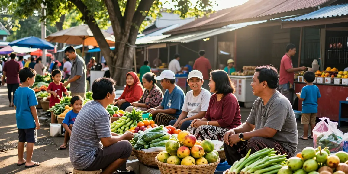 Aktivitas komunitas di pasar lokal Indonesia, menampilkan Leci123 dan interaksi masyarakat yang ceria.