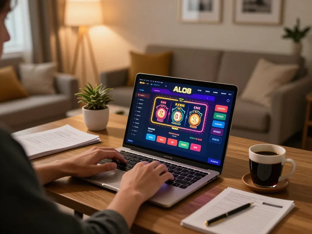 Engaging in online gaming on ALO8 platform with vibrant graphics and cozy home setup