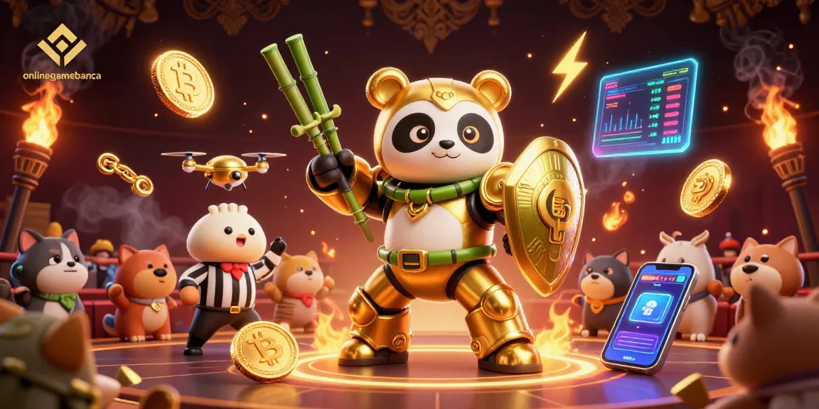 Experience onlinegamebanca's exciting gambling atmosphere with a mech-suit panda and crypto elements in this dynamic illustration.