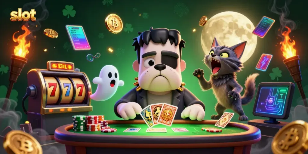 Slot gacor: Frankenstein bulldog monster bermain kartu di meja slot dengan elemen jackpot, 7 keberuntungan, dan koin crypto.