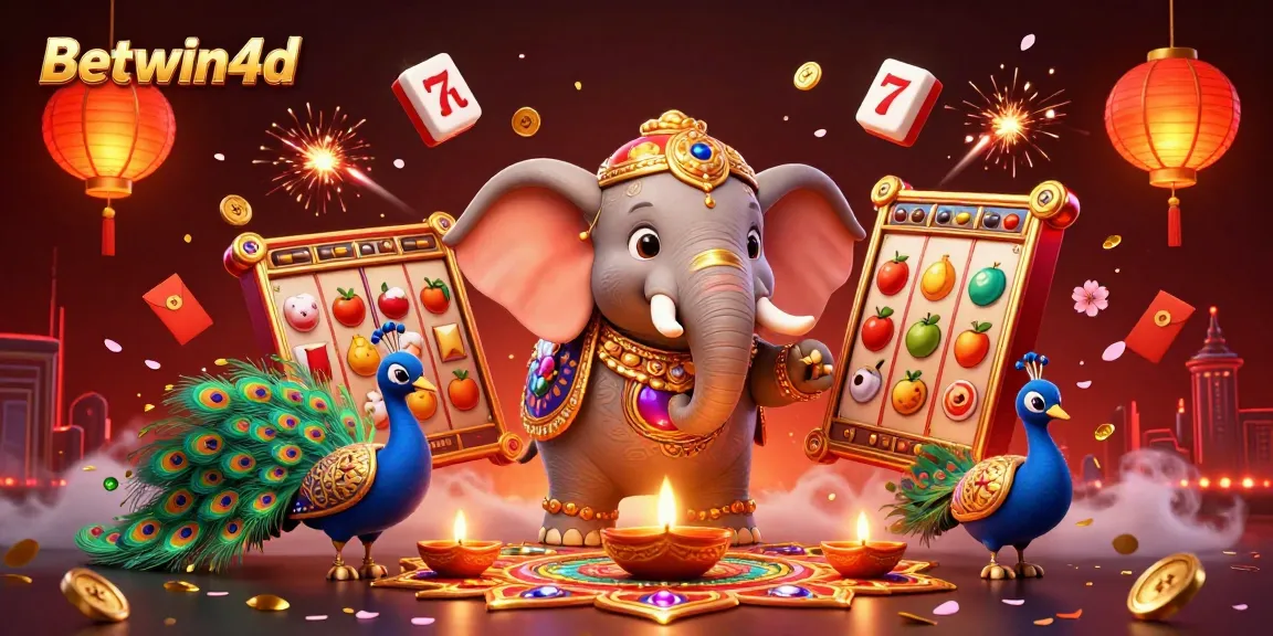 Join the fun with Betwin4d's vibrant 3D casino scene showcasing Diwali celebrations, slots, and colorful elements.