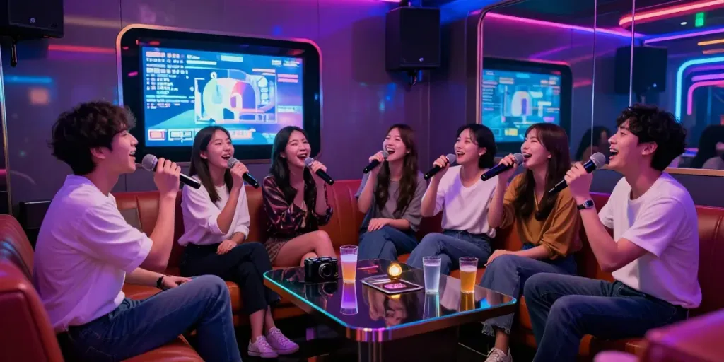 달토에서 친구들과 함께 노래하는 즐거운 모습의 가라오케 방
