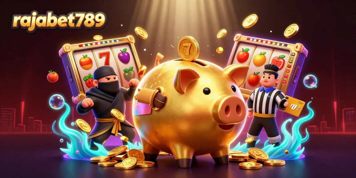 Rajabet789 menghadirkan ilustrasi kasino dinamis dengan karakter lucu dan simbol slot yang memikat.