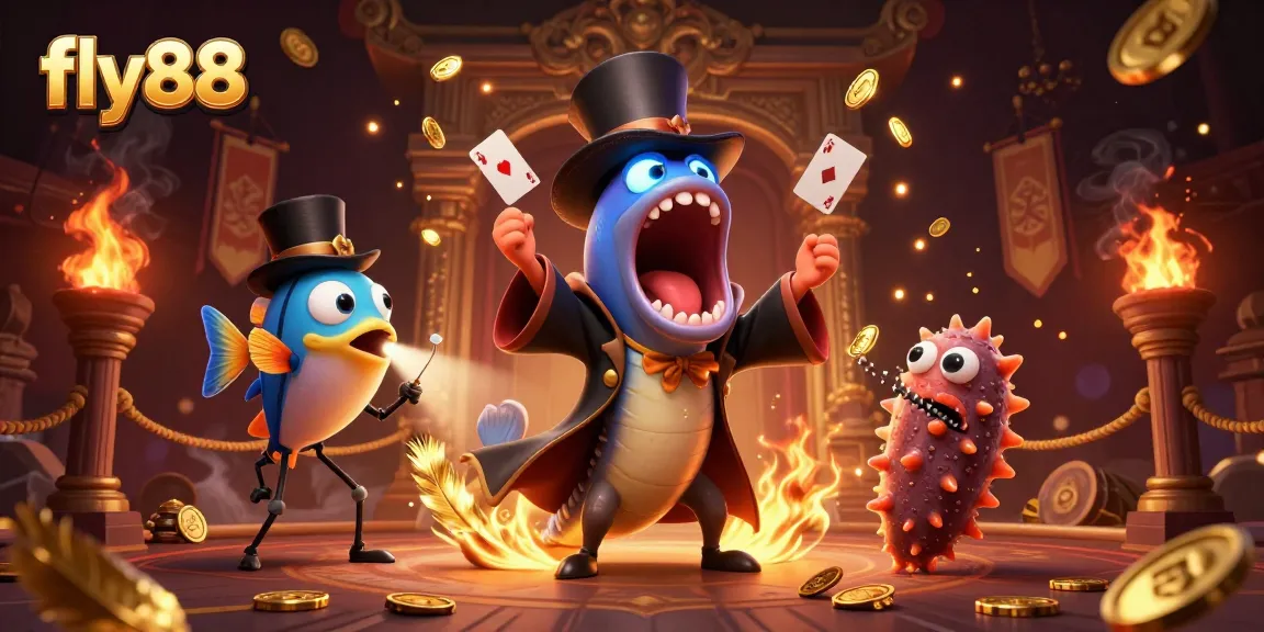 Experience thrilling card tricks with fly88's magical underwater characters in an exciting casino scene.