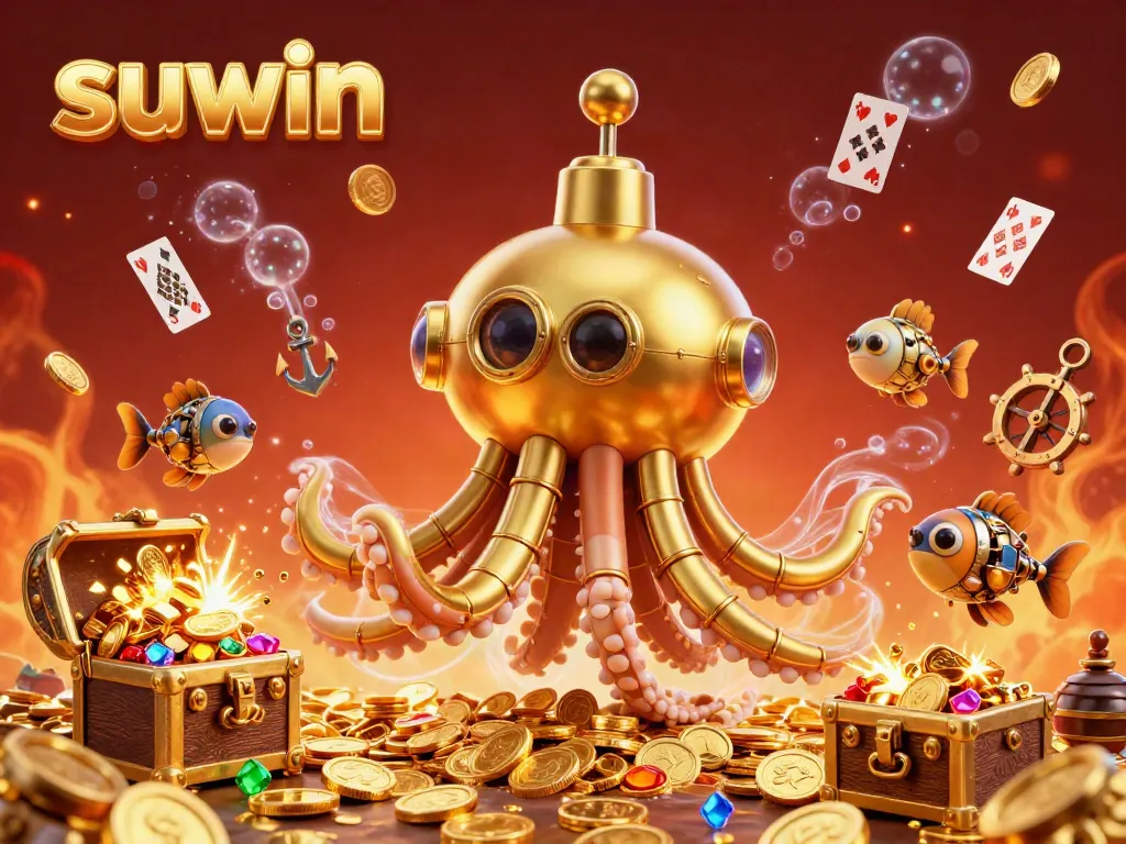 Suwin casino themed illustration featuring a golden kraken submarine with mechanical fish, surrounded by treasure and cards.