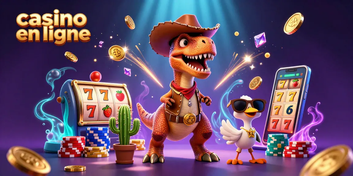 Illustration dynamique de casino en ligne avec un dinosaure cowboy et des éléments de jeu captivants.