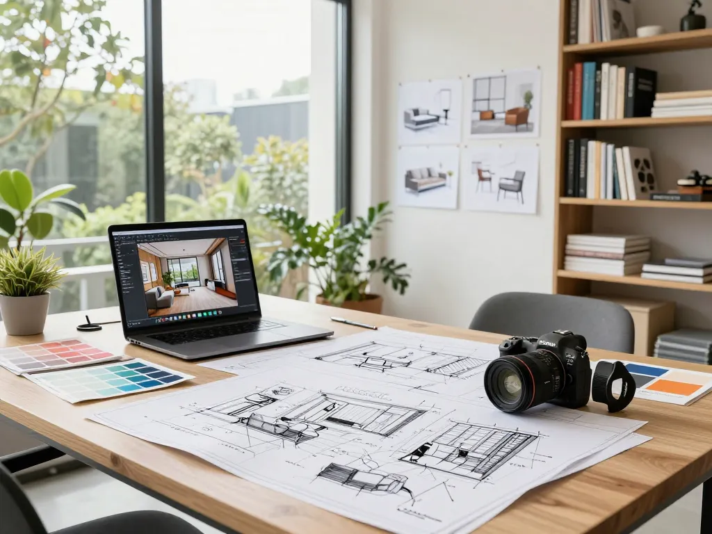 Creative workspace at Tanda Design Studio showcasing architectural and interior design process, บริษัทออกแบบ with blueprints and natural light.