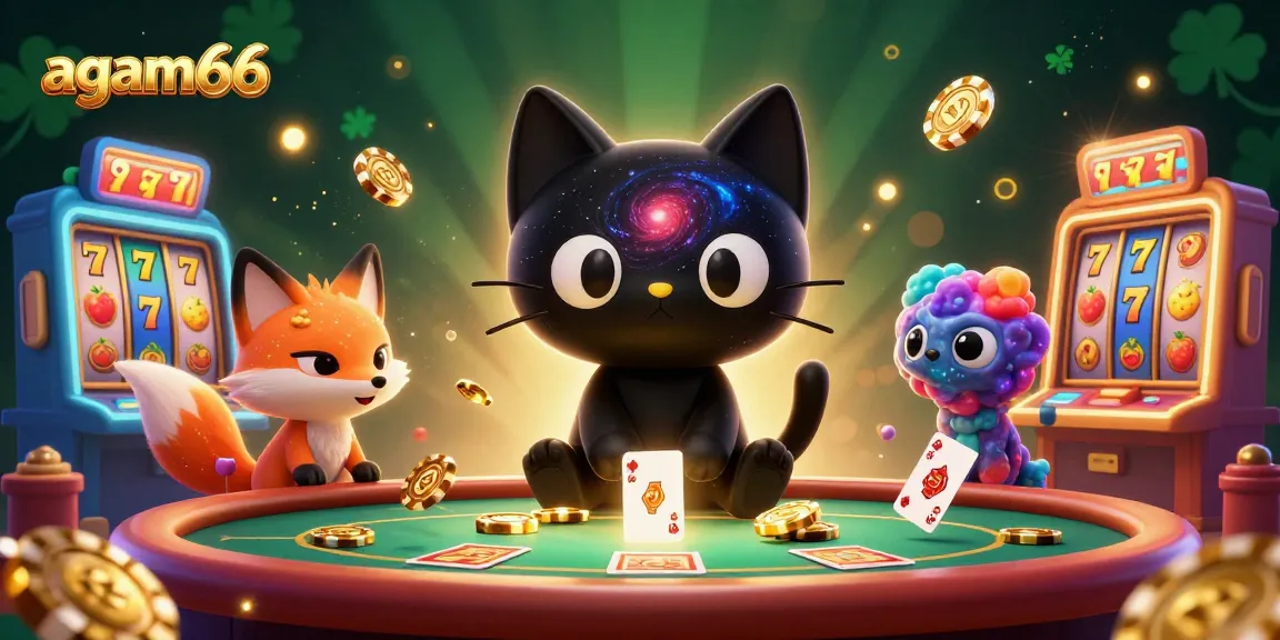 Experience exciting gameplay at agam66 with a cosmic cat captivating casino chips and cards.