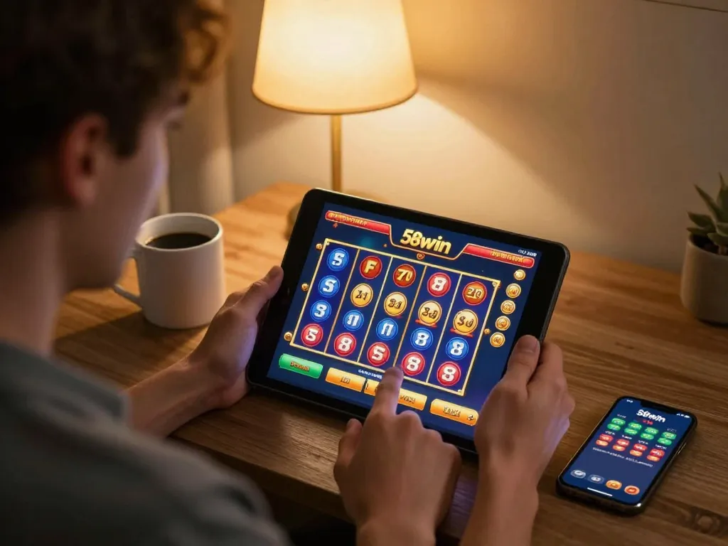 Player winning with 58win online casino app on tablet in a cozy home environment.