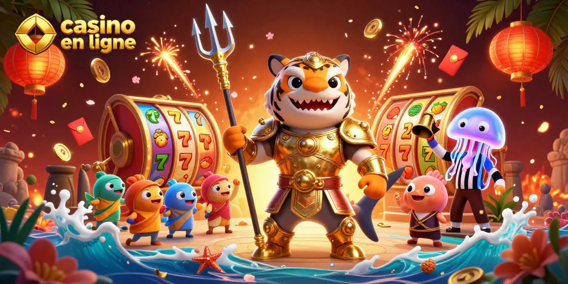 Illustration dynamique de casino en ligne avec un requin tigre en armure, des machines à sous et des symboles chanceux.
