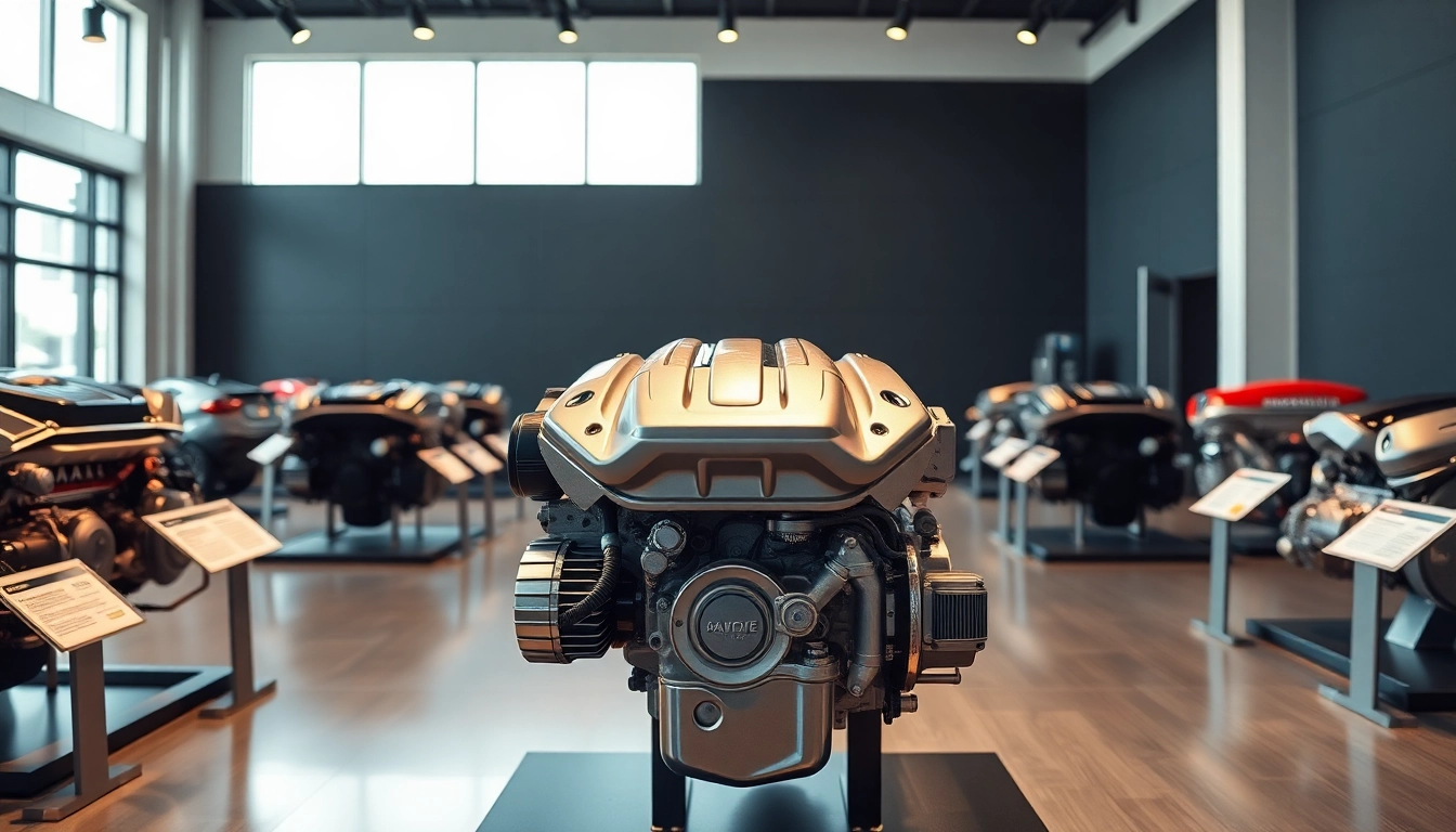 Browse various used engines in a polished automotive showroom environment.