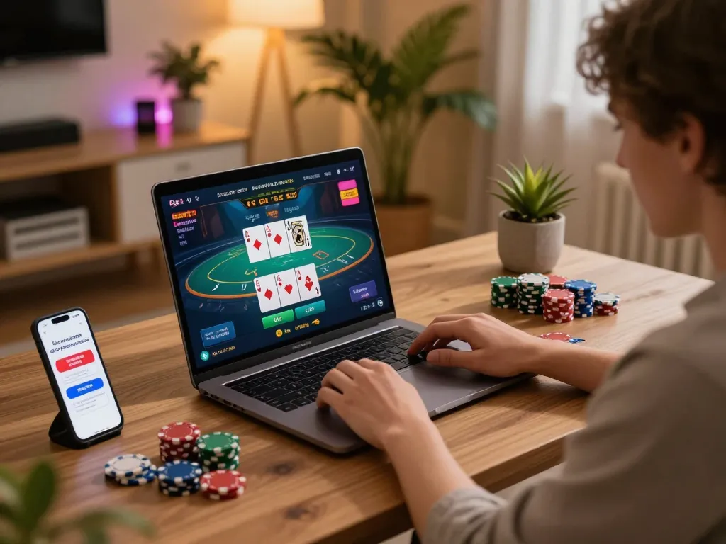 luck8 winning poker hand on laptop during an engaging online gaming session
