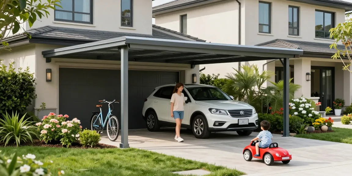 Eleganter Carport in Wohngegend mit PKW und Spielzeugauto, umgeben von grünem Rasen.