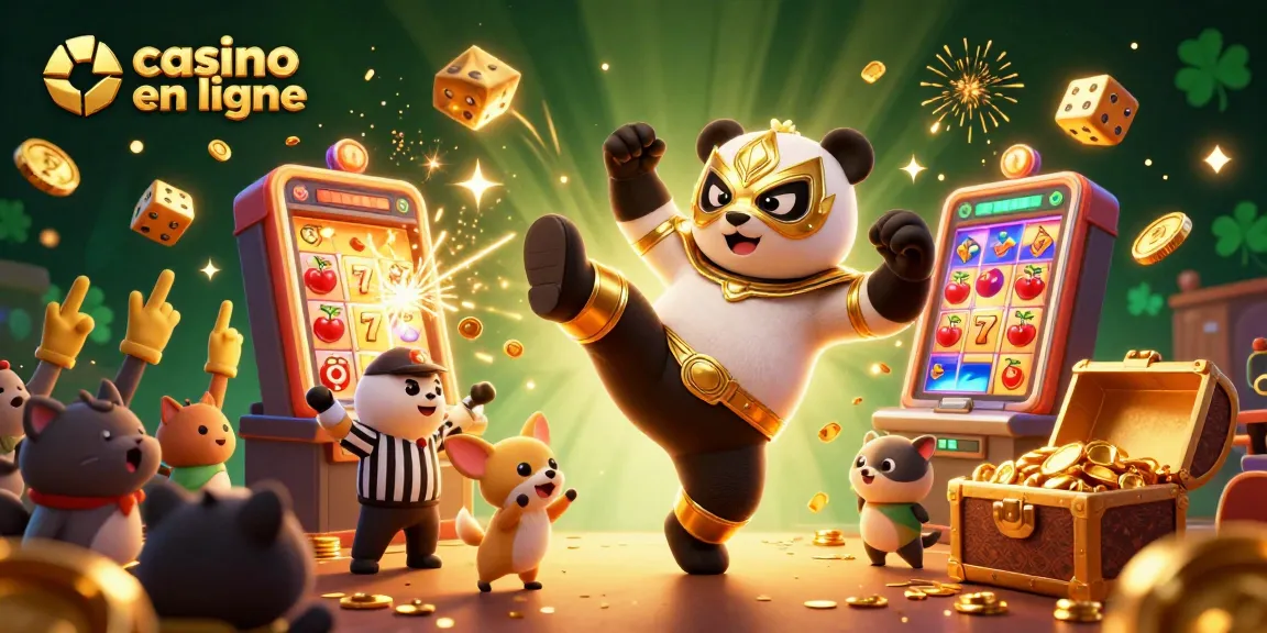 Une illustration dynamique de casino en ligne avec un panda et un chihuahua, avec des éléments de jeu attrayants.