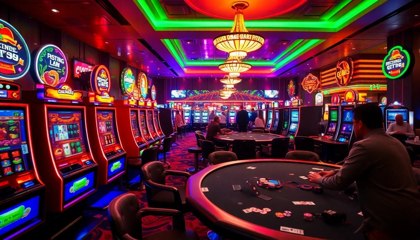 Permainan kasino pgbet yang seru dengan mesin slot berkelap-kelip dan pemain berdinamika.