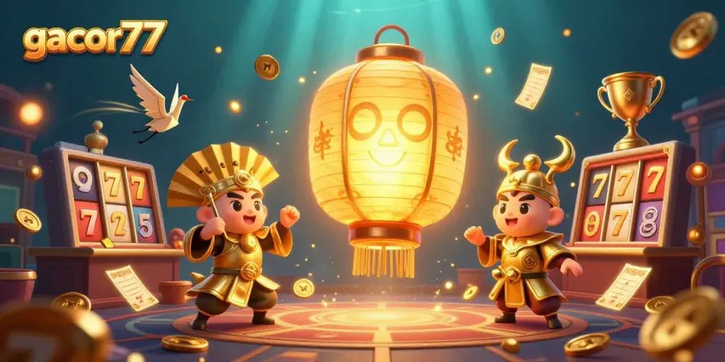 Gacor77 menampilkan iluminasi slot jackpot dengan elemen keberuntungan di kasino malam.