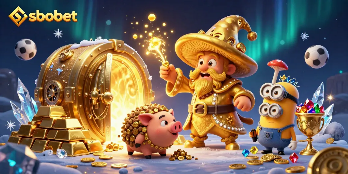 Sbobet offers thrilling sports betting experience with dynamic treasure and gold-themed illustration.