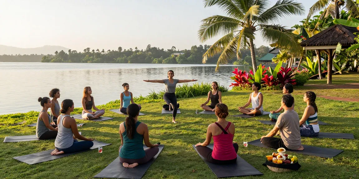 Engaged group practicing yoga teacher training in Sri Lanka by Koggala Lake.